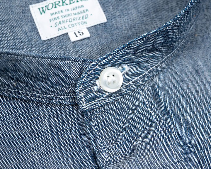 WORKERS ワーカーズ Band Collar Shirt, Indigo Chambray