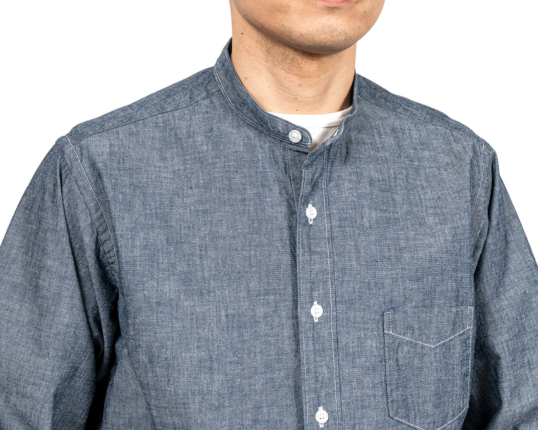 WORKERS ワーカーズ Band Collar Shirt, Indigo Chambray