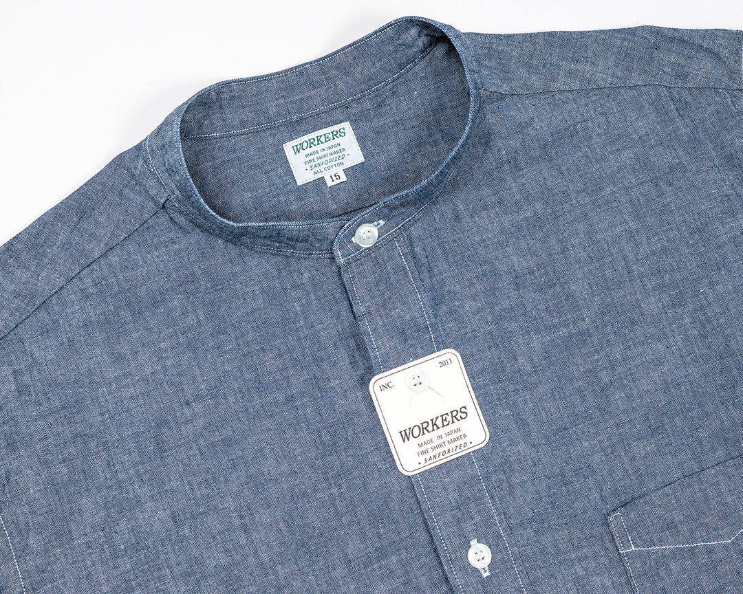 WORKERS ワーカーズ Band Collar Shirt, Indigo Chambray