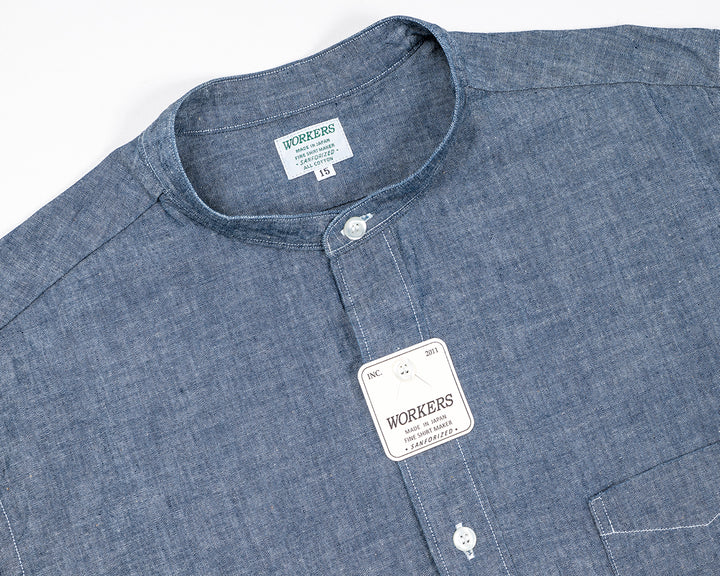 WORKERS ワーカーズ Band Collar Shirt, Indigo Chambray