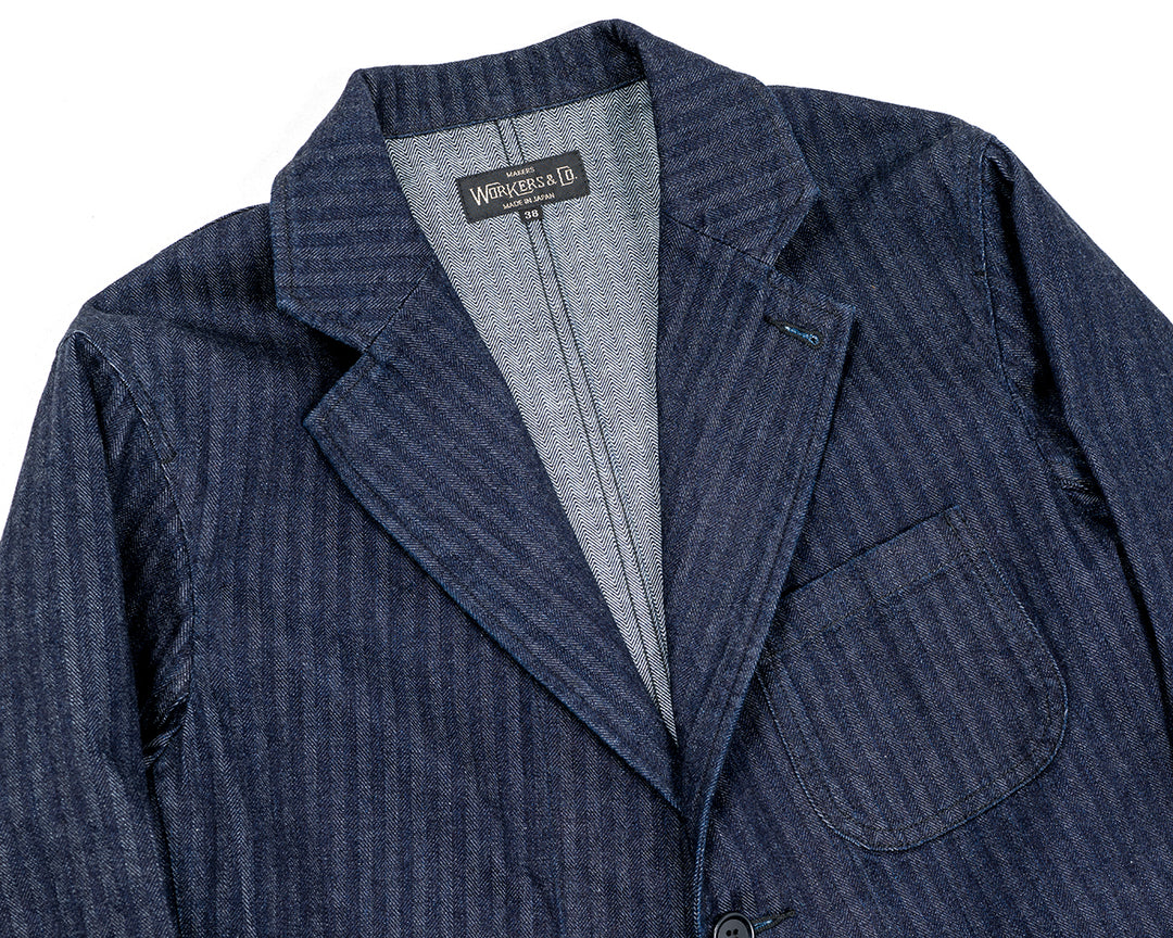 WORKERS ワーカーズ Lounge Jacket, Indigo Herringbone