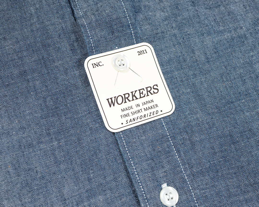 WORKERS ワーカーズ Band Collar Shirt, Indigo Chambray