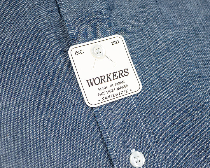 WORKERS ワーカーズ Band Collar Shirt, Indigo Chambray