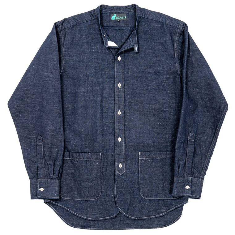 WORKERS Band Collar Shirt, Indigo Cotton Linen