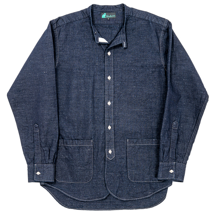 WORKERS Band Collar Shirt, Indigo Cotton Linen