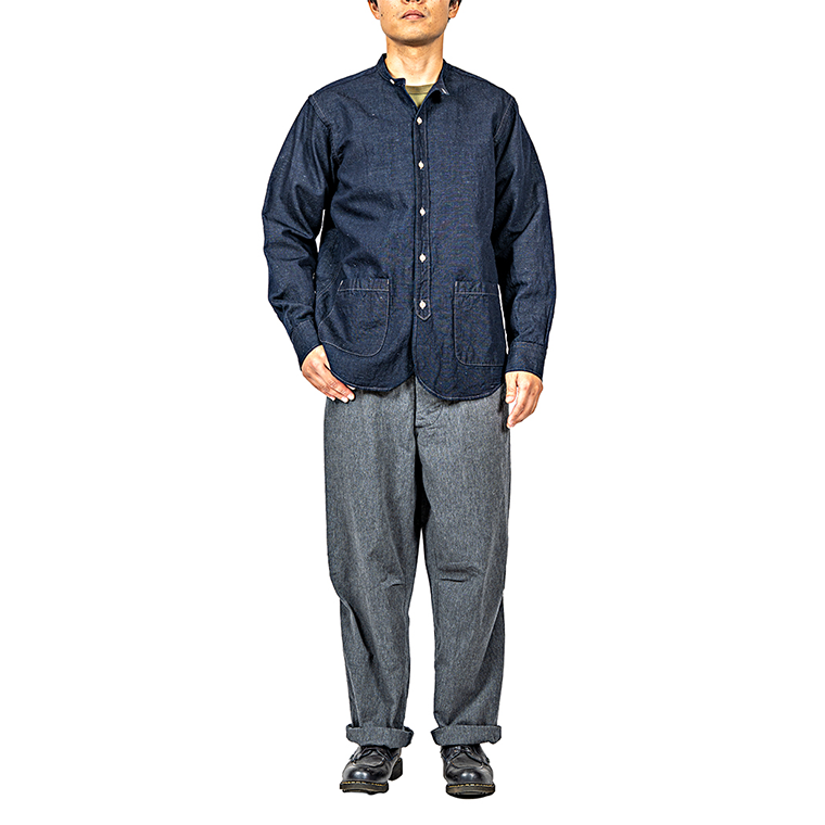 WORKERS Band Collar Shirt, Indigo Cotton Linen