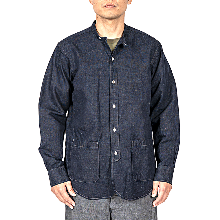 WORKERS Band Collar Shirt, Indigo Cotton Linen