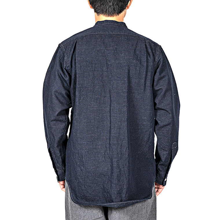 WORKERS Band Collar Shirt, Indigo Cotton Linen