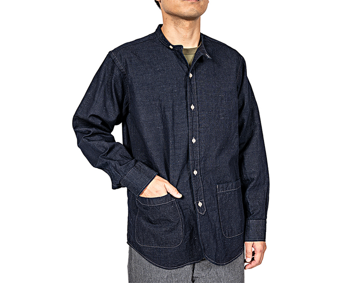 WORKERS Band Collar Shirt, Indigo Cotton Linen