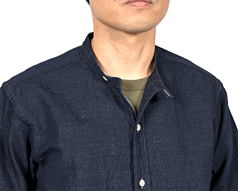 WORKERS Band Collar Shirt, Indigo Cotton Linen