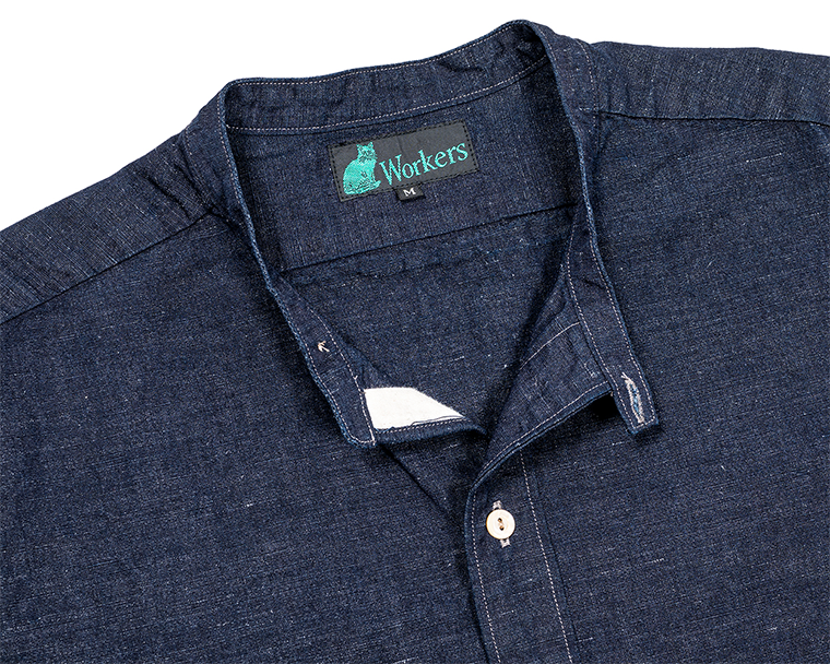 WORKERS Band Collar Shirt, Indigo Cotton Linen
