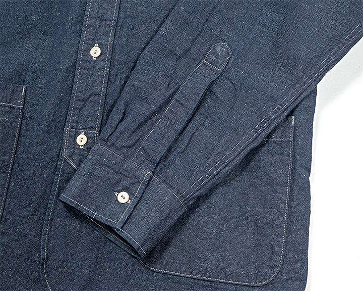 WORKERS Band Collar Shirt, Indigo Cotton Linen