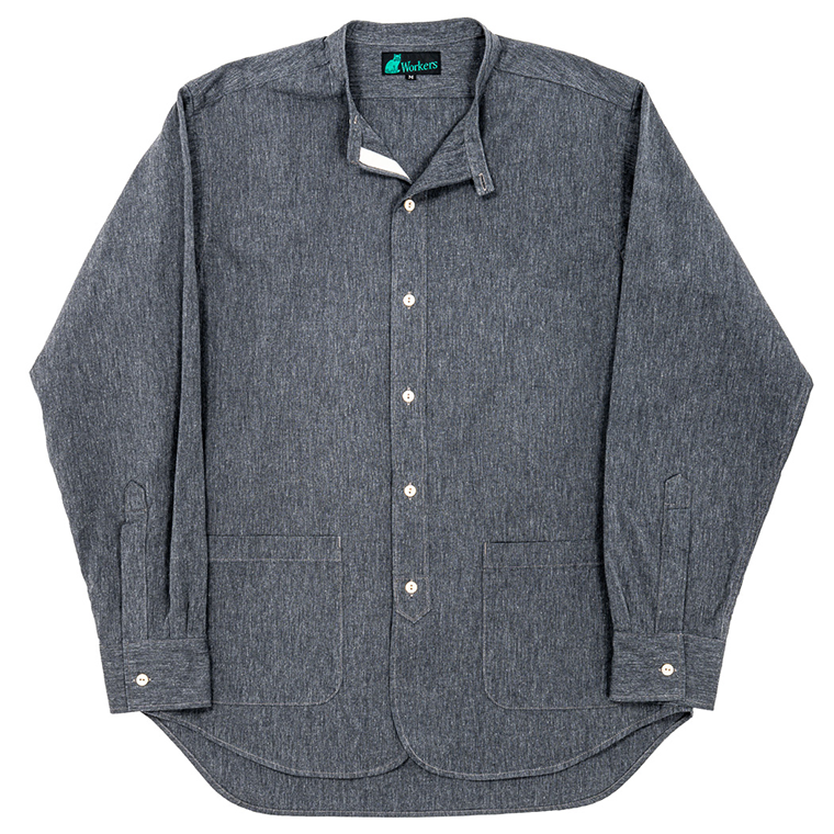 WORKERS Band Collar Shirt, Black Chambray
