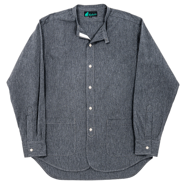 WORKERS Band Collar Shirt, Black Chambray