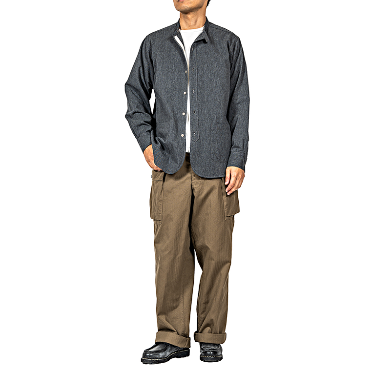 WORKERS Band Collar Shirt, Black Chambray