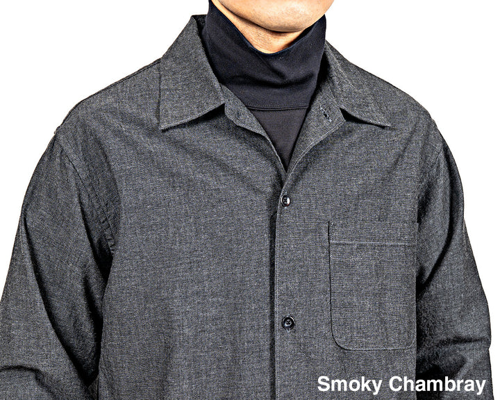 WORKERS ワーカーズ Open Collar Shirt, Cotton Smoky Chambray