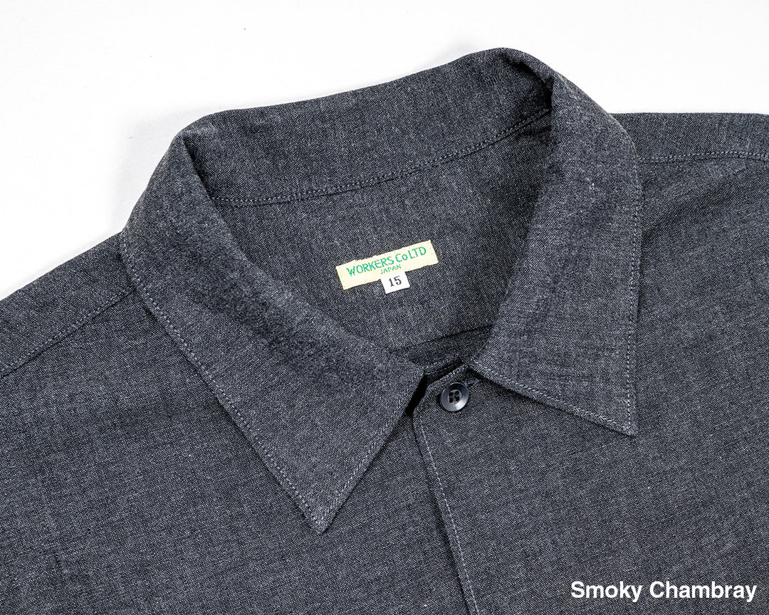 WORKERS ワーカーズ Open Collar Shirt, Cotton Smoky Chambray