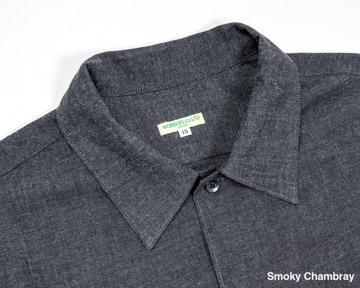 WORKERS ワーカーズ Open Collar Shirt, Cotton Smoky Chambray