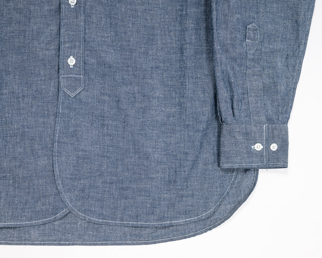 WORKERS ワーカーズ Band Collar Shirt, Indigo Chambray