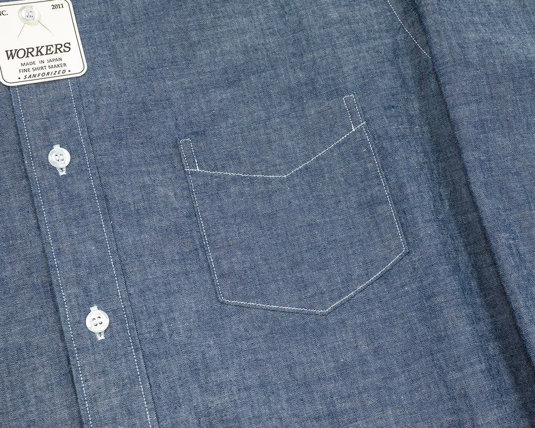 WORKERS ワーカーズ Band Collar Shirt, Indigo Chambray