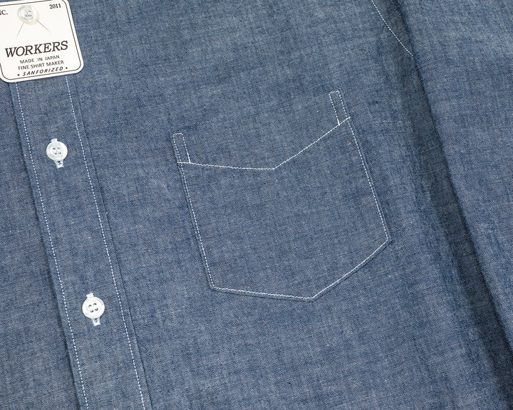 WORKERS ワーカーズ Band Collar Shirt, Indigo Chambray