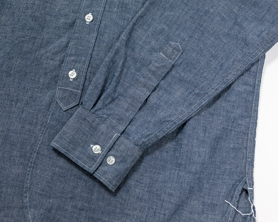 WORKERS ワーカーズ Band Collar Shirt, Indigo Chambray