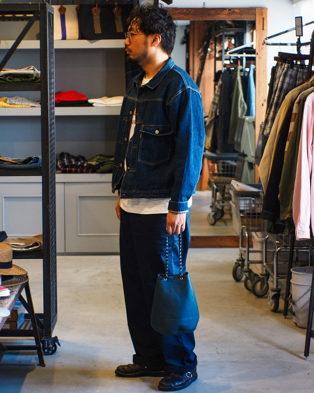 Mr.OLDMAN Leather Drawstring Bag Blue green
