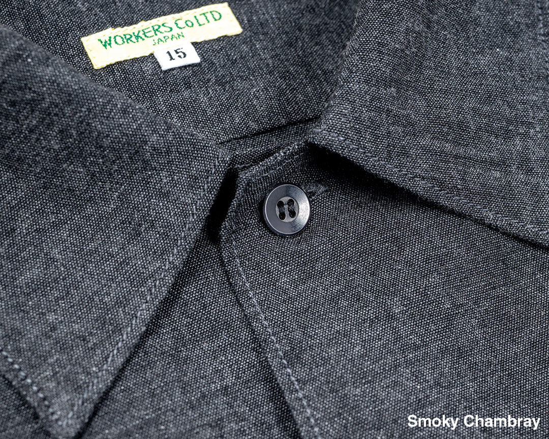 WORKERS ワーカーズ Open Collar Shirt, Cotton Smoky Chambray