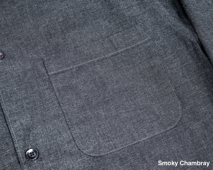 WORKERS ワーカーズ Open Collar Shirt, Cotton Smoky Chambray