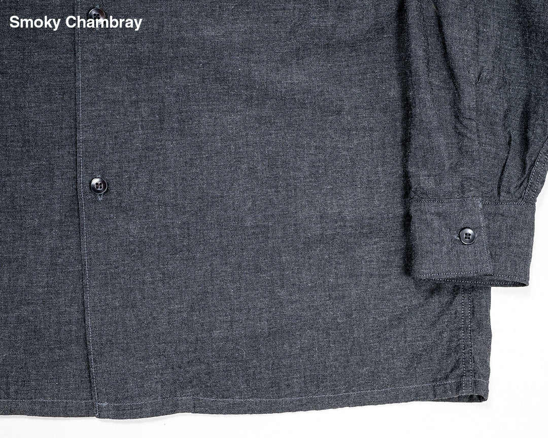 WORKERS ワーカーズ Open Collar Shirt, Cotton Smoky Chambray