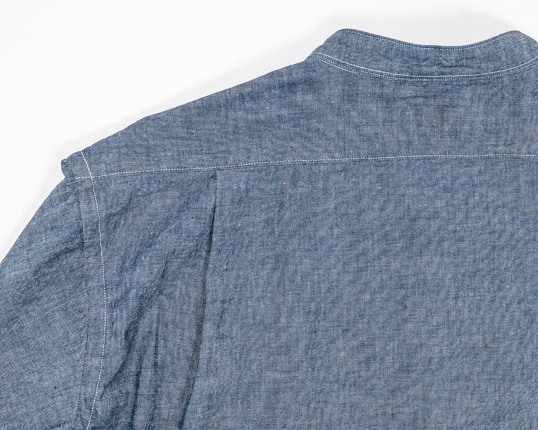 WORKERS ワーカーズ Band Collar Shirt, Indigo Chambray