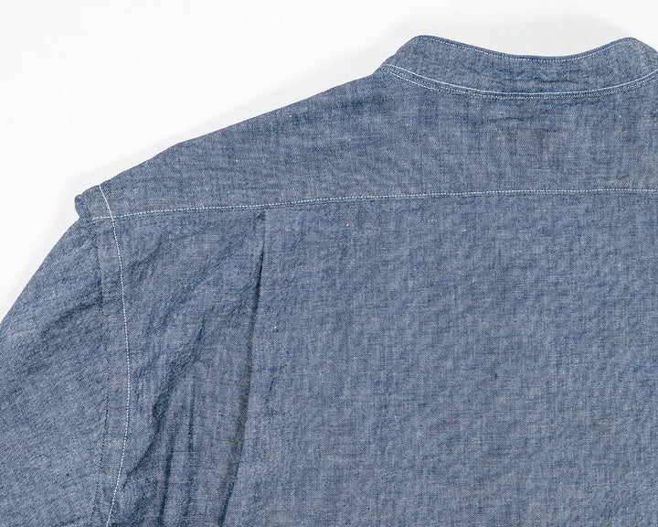 WORKERS ワーカーズ Band Collar Shirt, Indigo Chambray