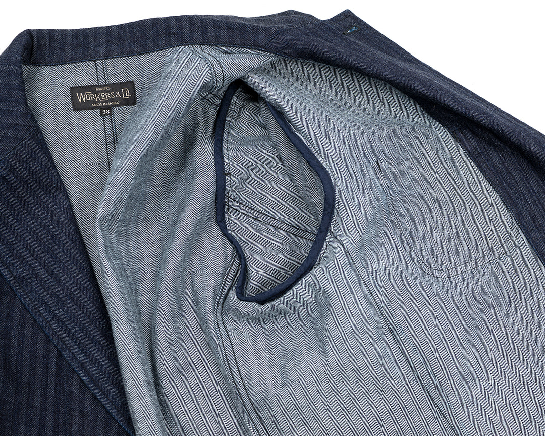 WORKERS ワーカーズ Lounge Jacket, Indigo Herringbone