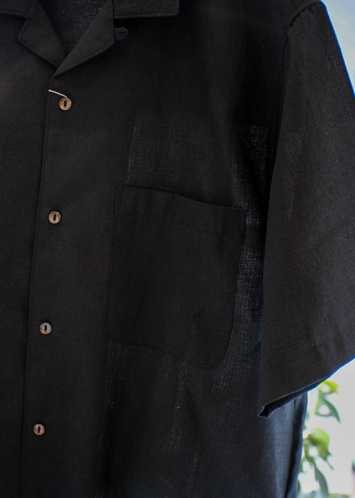 【PATHLOW】MANUAL ALPHABET RICH BUTCHER S/S OPEN COLLAR SHIRTS BLACK