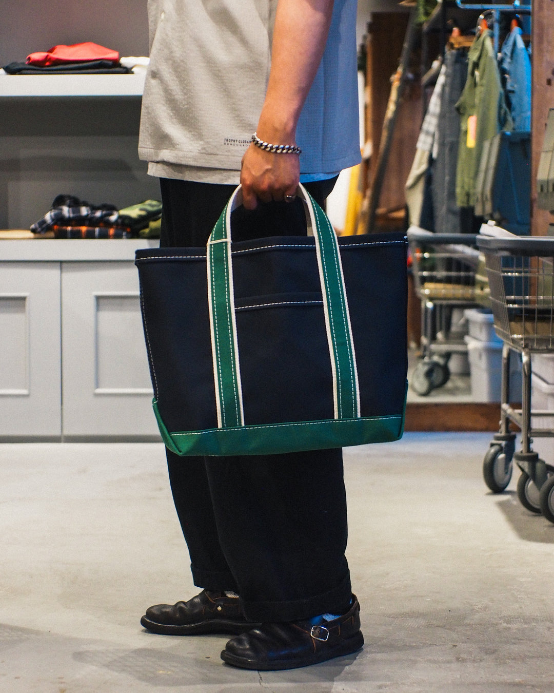 WORKERS Deluxe Pocket Tote Bag/ Dark Navy x Green Handle/Short