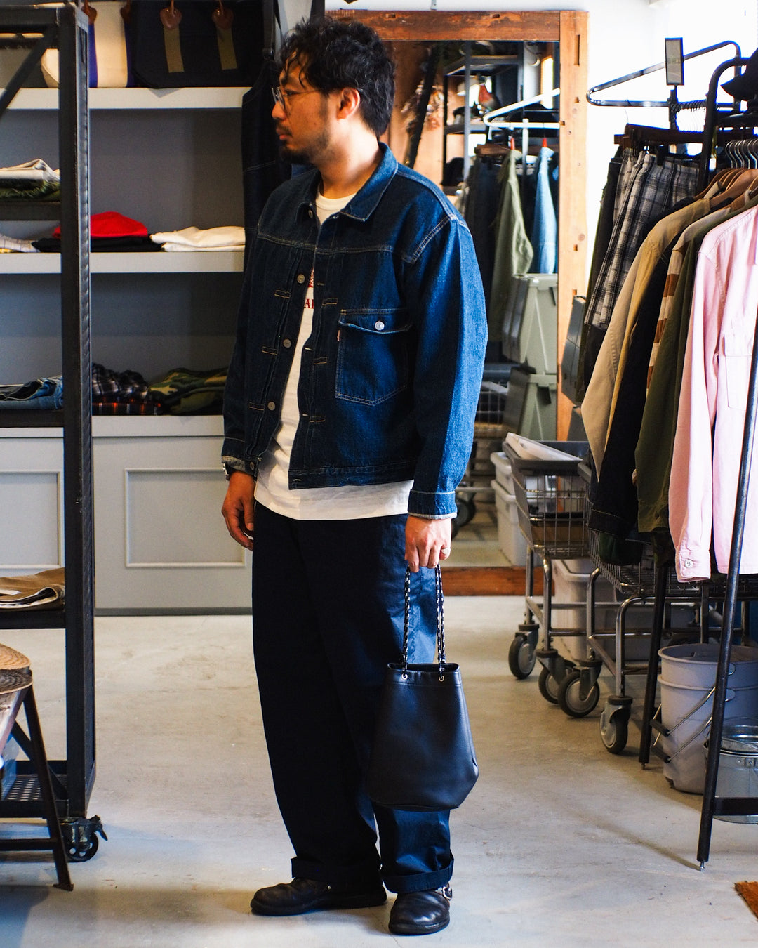 Mr.OLDMAN Leather Drawstring Bag Black
