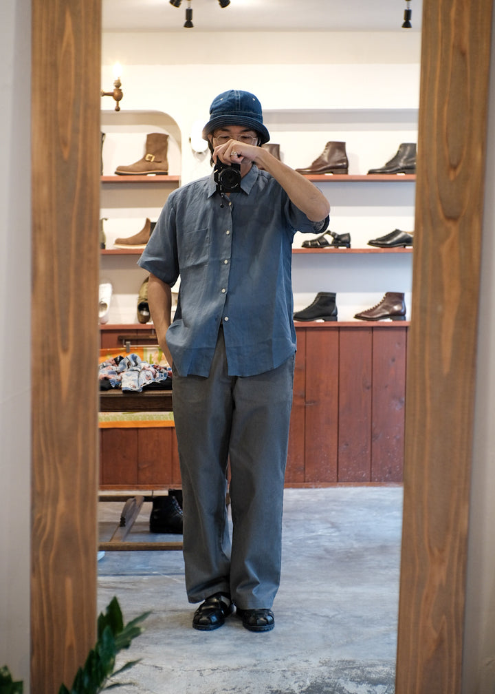 【PATHLOW】MANUAL ALPHABET 60/1 LINEN CANVAS LOOSE FIT R/C S/S SHIRTS BLUE