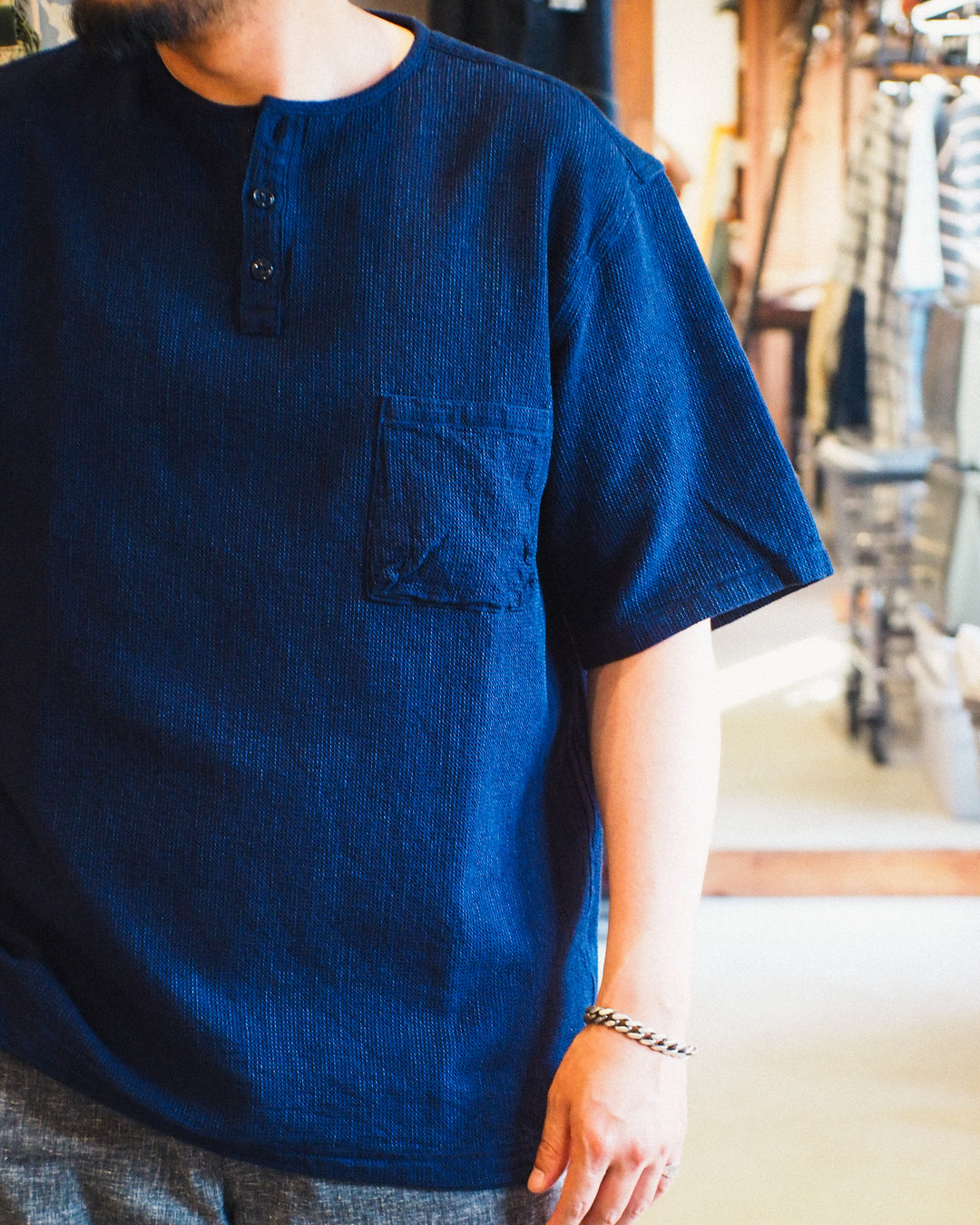 FOB factory F3493 INDIGO WAFFLE Tee Indigo