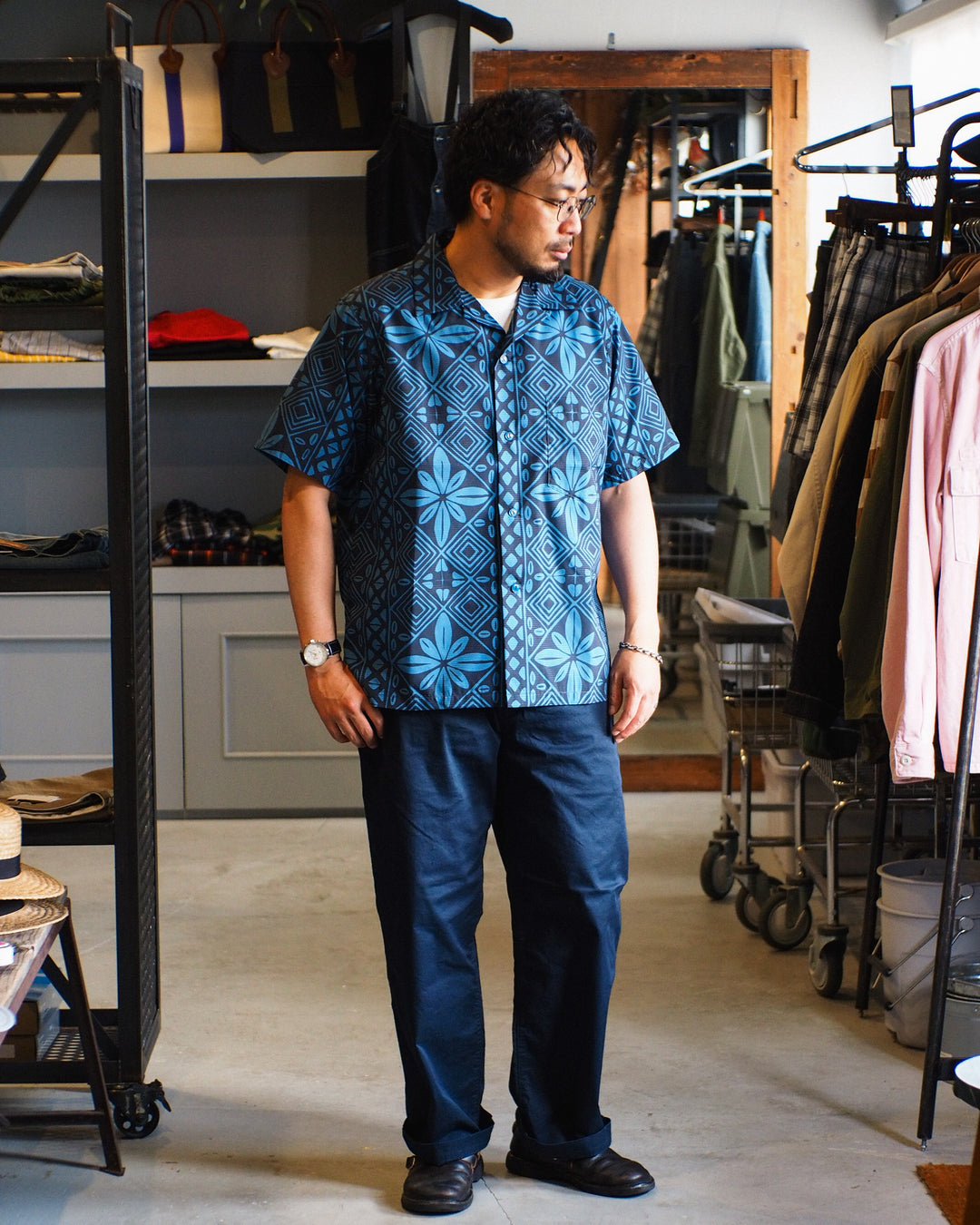 CORONA CS097 - FRENCH CAFE SHIRT S/S / Charcoal Grey × Blue