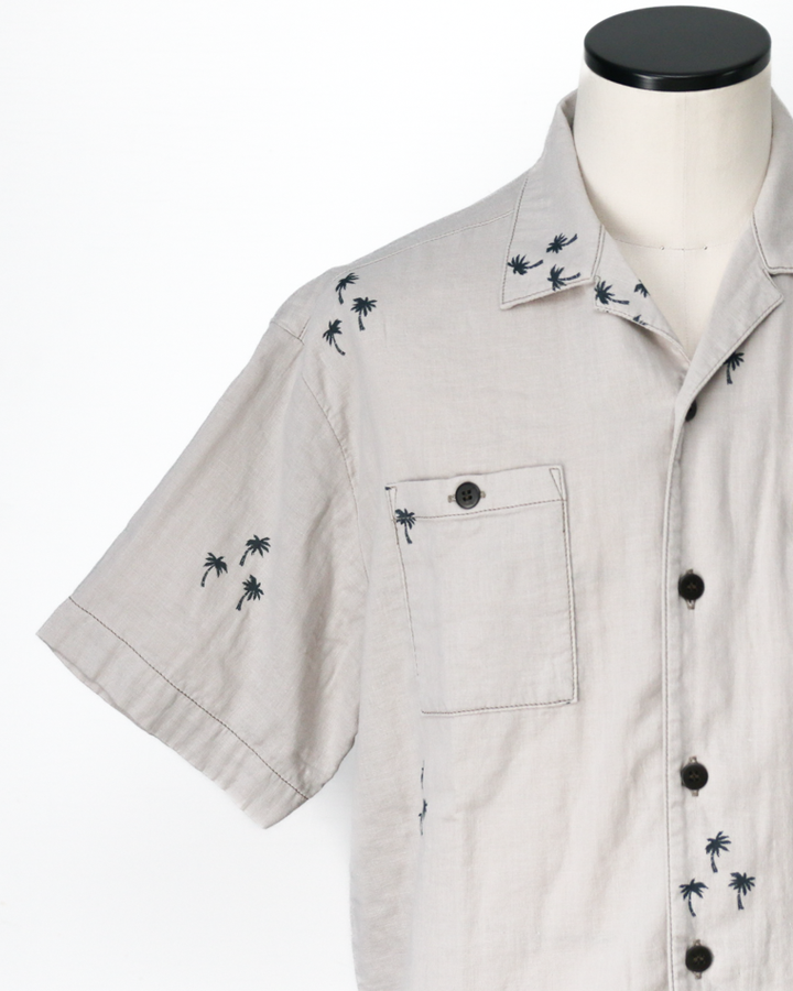 TURN ME ON Palm Tree Cotton Gauze Open collar Shirt Gray