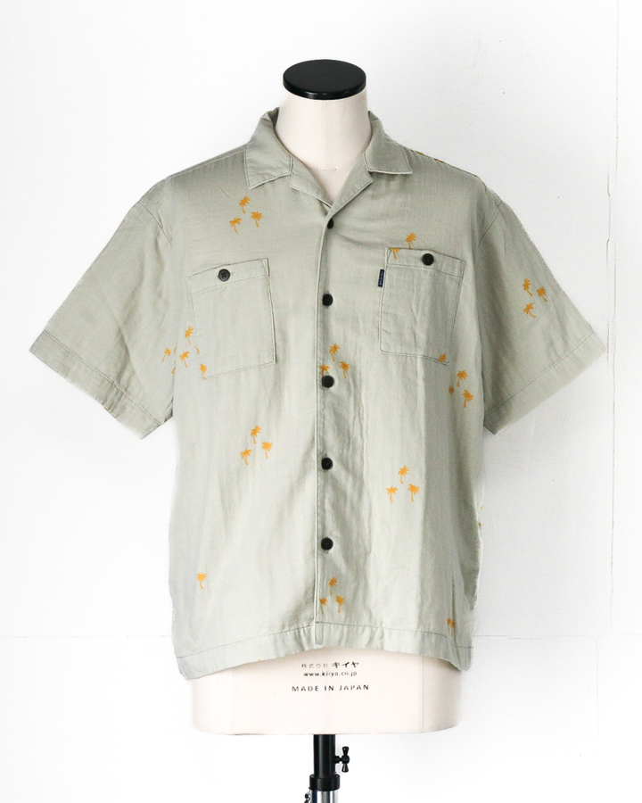 TURN ME ON Palm Tree Cotton Gauze Open collar Shirt Green