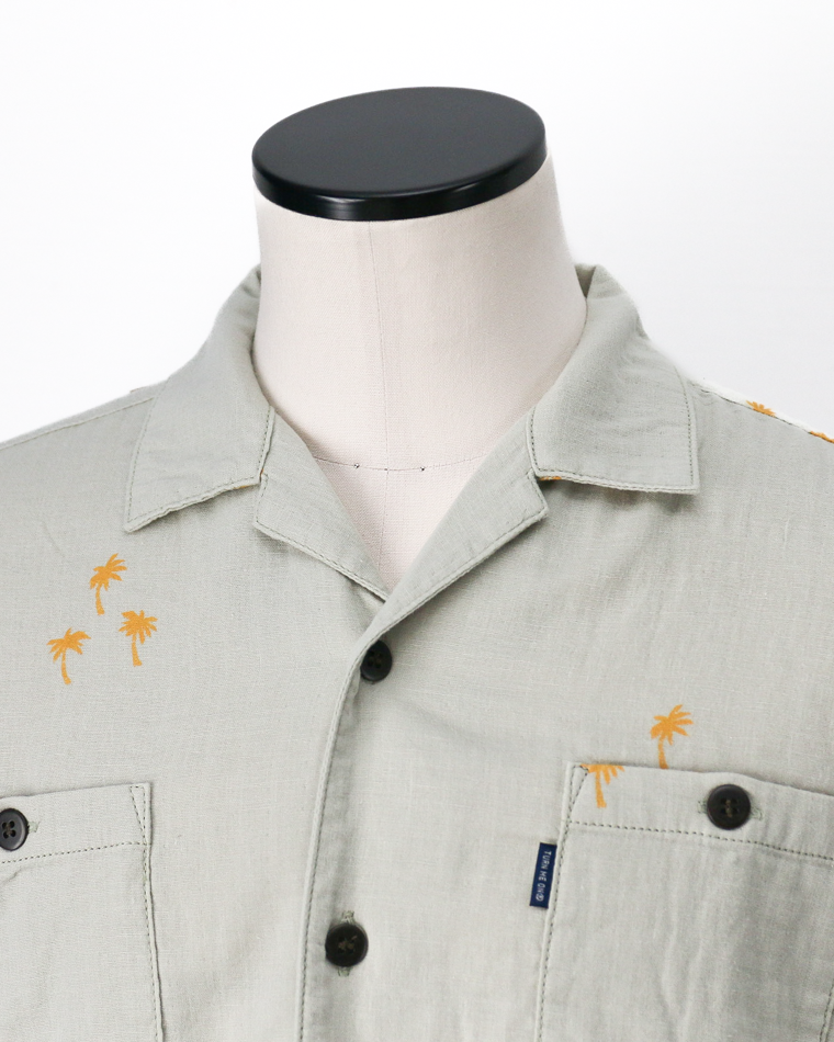 TURN ME ON Palm Tree Cotton Gauze Open collar Shirt Green