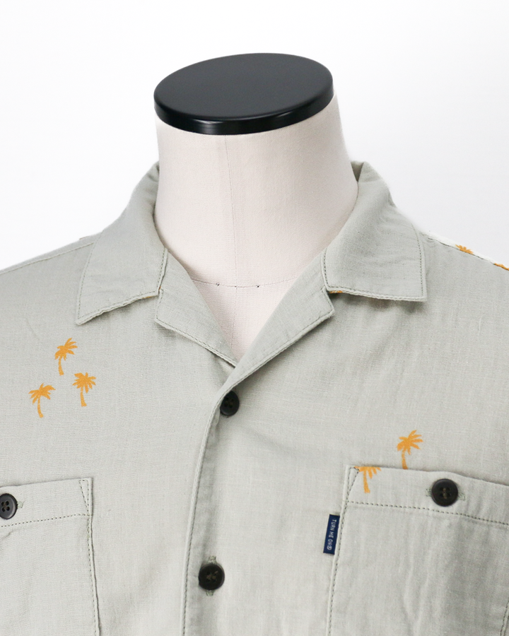 TURN ME ON Palm Tree Cotton Gauze Open collar Shirt Green