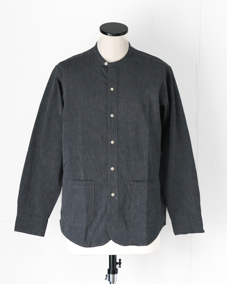 WORKERS Band Collar Shirt, Black Chambray