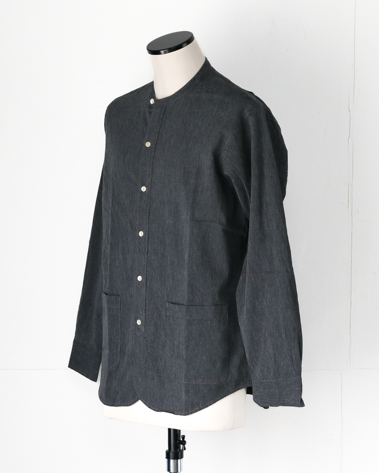WORKERS Band Collar Shirt, Black Chambray