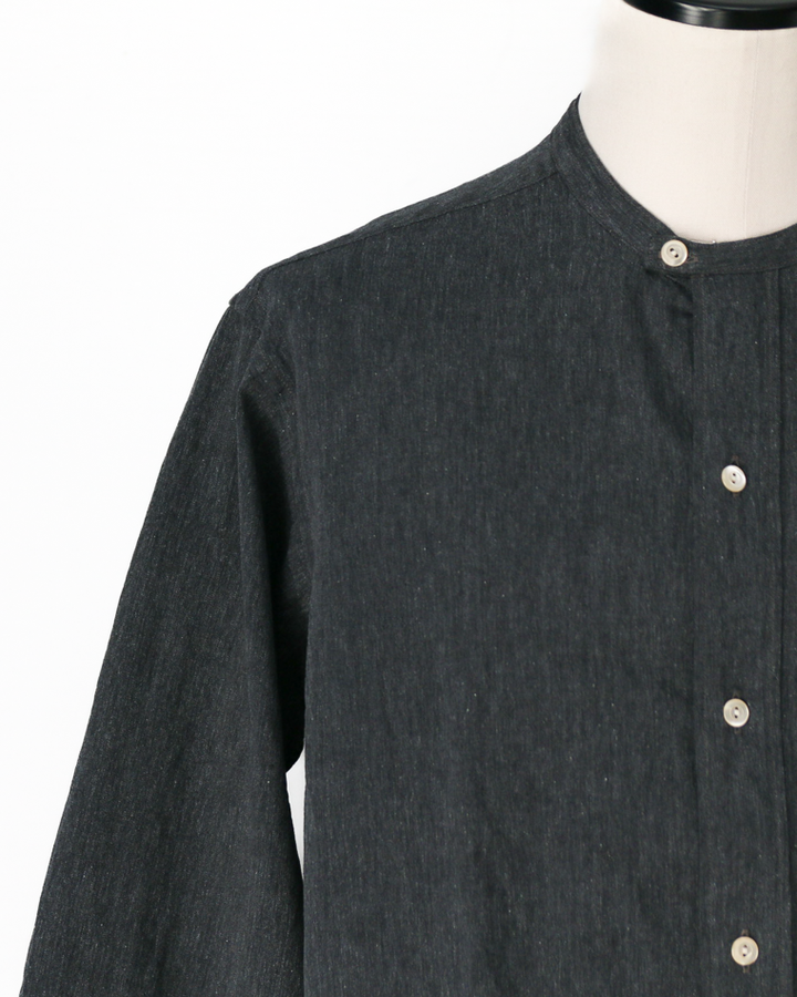 WORKERS Band Collar Shirt, Black Chambray