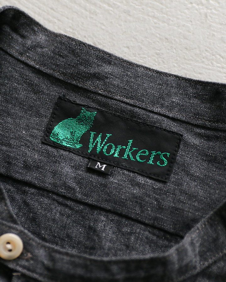 WORKERS Band Collar Shirt, Black Chambray