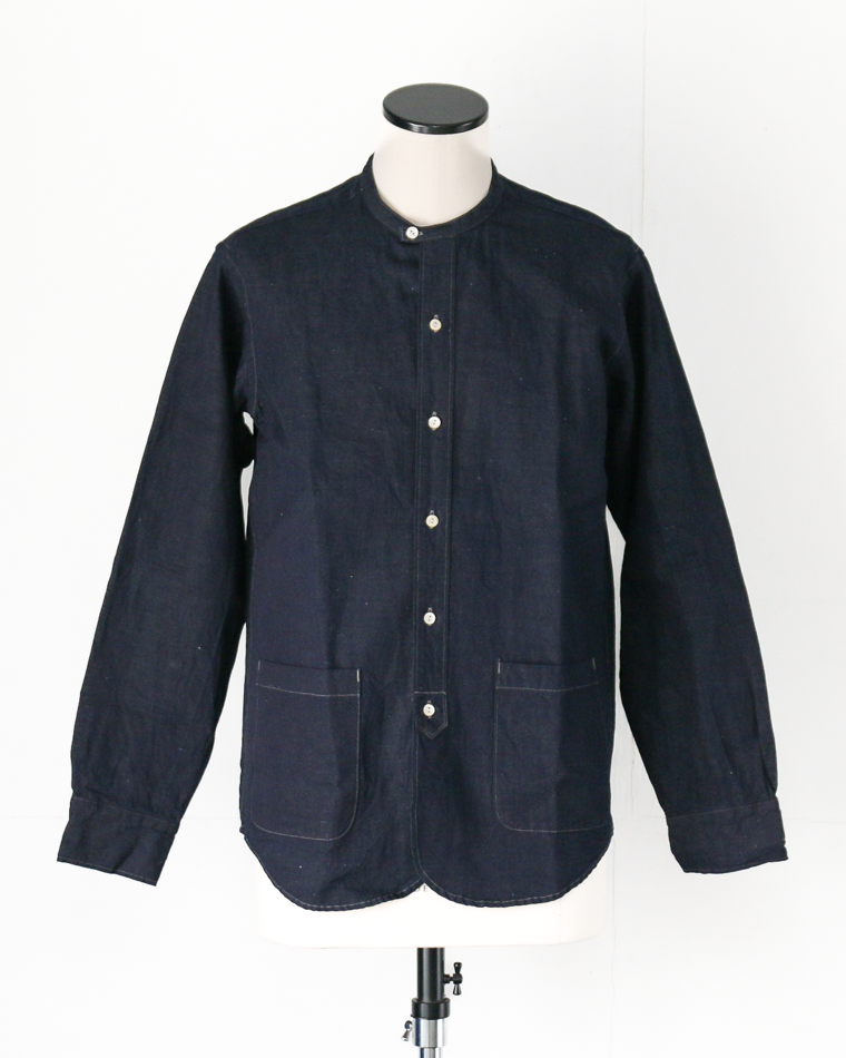 WORKERS Band Collar Shirt, Indigo Cotton Linen