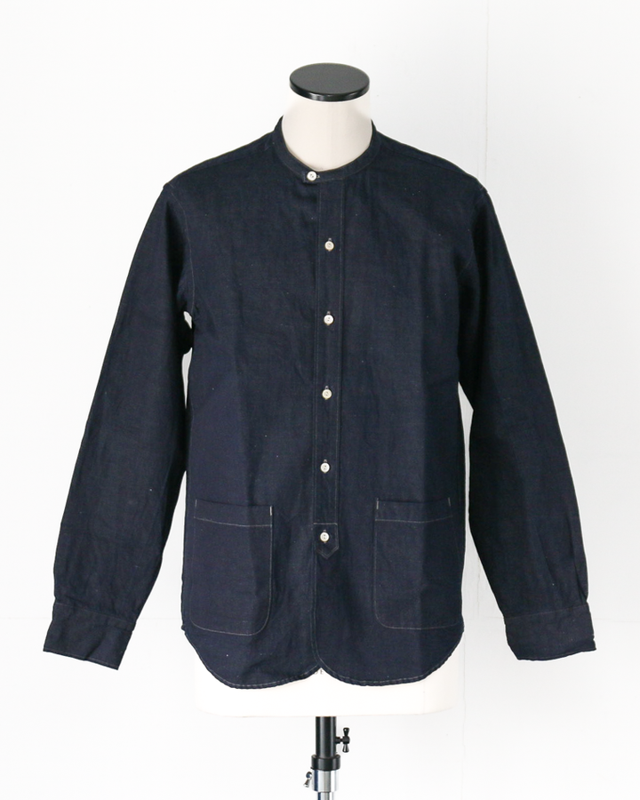 WORKERS Band Collar Shirt, Indigo Cotton Linen