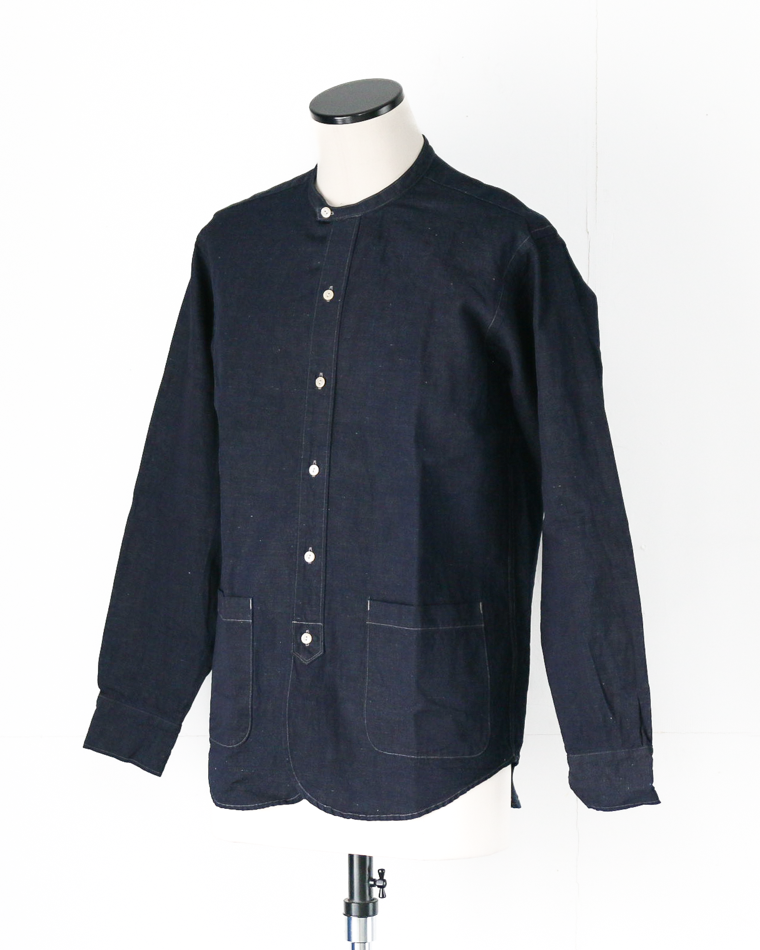 WORKERS Band Collar Shirt, Indigo Cotton Linen